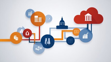 Abstract representation of data flow connecting government, finance, and technology in a modern layout