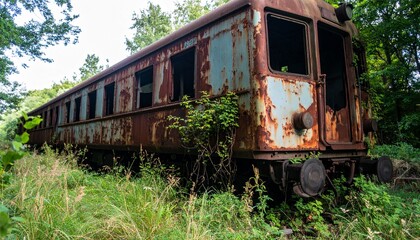 Tren abandonado, corroido por el paso del tiempo, entre maleza