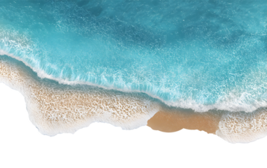 Turquoise ocean waves gently washing ashore on a pristine sandy beach, perfect for travel, vacation, or relaxation themes, aerial view