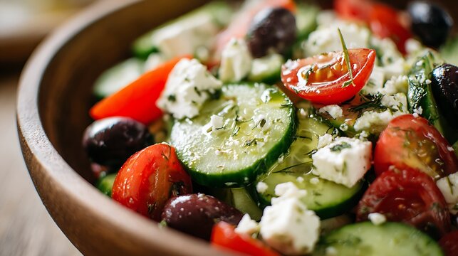 A vibrant salad featuring fresh cucumbers, cherry tomatoes, Kalamata olives, and feta cheese in a wooden bowl.