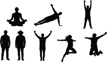 Black silhouette vector of human body poses including yoga, dance, jump, and celebration for fitness, wellness, and movement design