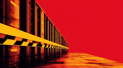 A striking view of a data center with vibrant red background and yellow safety barriers, emphasizing technology