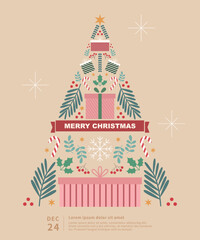 Christmas tree template with ornaments, gift boxes and stars.