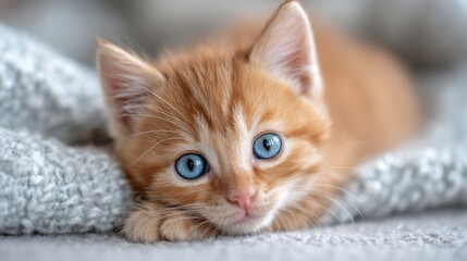 A cute ginger kitten with bright blue eyes enjoys lounging on a cozy blanket, relaxing in a warm indoor setting filled with natural light.