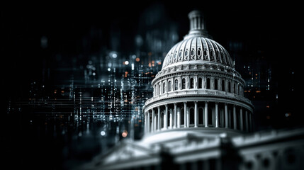 A dramatic and futuristic portrayal of the United States Capitol under a shimmering, cybernetic light in a noir style.