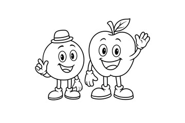 Cartoon mascots, a rounded character with a hat and an apple, are waving and giving a thumbs up. 