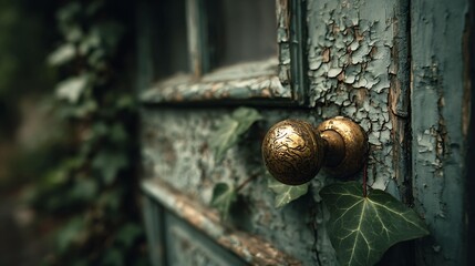 An aged wooden door with peeling blue paint and a vintage brass knob, entwined with green ivy, exuding a rustic charm.