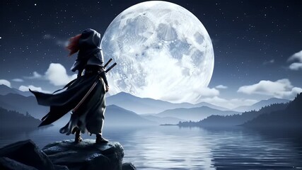 Pixelated Low Angle Shot of a Lone Warrior Gazing at the Full Moon Above the Tranquil Lake With Starry Night Sky with Pixel Art Style Landscape Background and Serene Ambience Perfect for Digital Art - Powered by Adobe