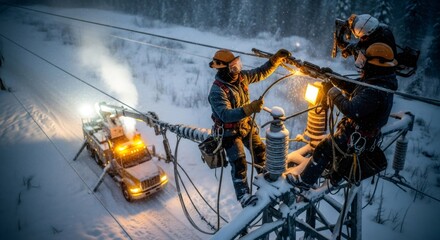 Fototapeta na wymiar Electricians working at night on power line in blizzard. Winter electricity system maintenance. Utility workers repairing power grid.