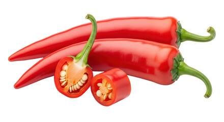 Isolated Three Red Chili Peppers with Cut Pepper
