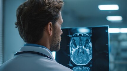 A doctor studies a brain scan in a well-equipped hospital. The room is bright and organized, highlighting the seriousness of medical evaluation and patient care.