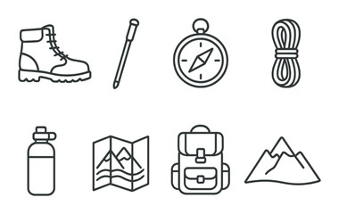 Fototapeta premium Outdoor adventure essentials: hiking gear icons with boots, compass, map, backpack