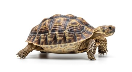 Fototapeta premium A tortoise stands on a white surface its patterned shell prominent and detailed showcasing its textured skin and claws