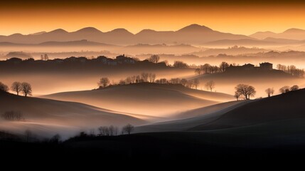 Obraz premium Serene Landscape at Dawn with Soft Fog and Rolling Hills Under a Golden Sky