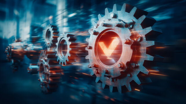 Metal gears with a glowing checkmark integrated into a central gear, representing successful operations in a high-tech, industrial environment.