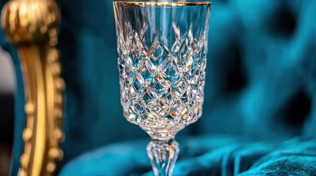 Elegant crystal glass with intricate cut design and gold rim resting on plush azure velvet upholstery