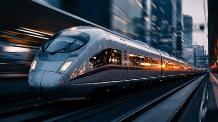 Naklejka premium Modern high-speed train speeding through a cityscape at dusk, showcasing advanced transportation technology and urban development.