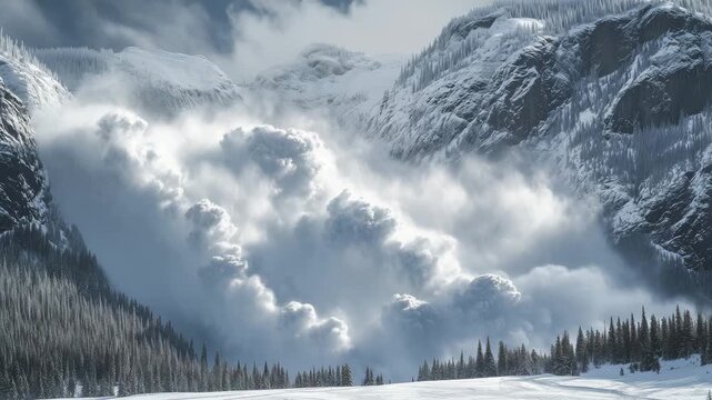 An avalanche crashes down the mountainside, creating a cloud of snow in a winter wonderland filled with tall trees and snowy peaks
