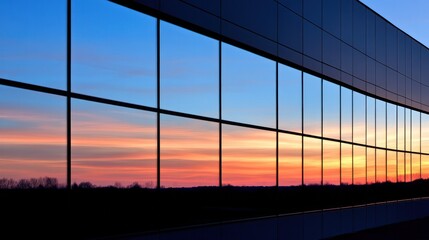 Glowing Sunset Reflection on Modern Building Facade with Panoramic Sky and Vibrant Colors