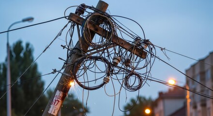 Sparking electricity on a wooden power pole with tangled wires. Urban electricity system problem concept with damaged power line.