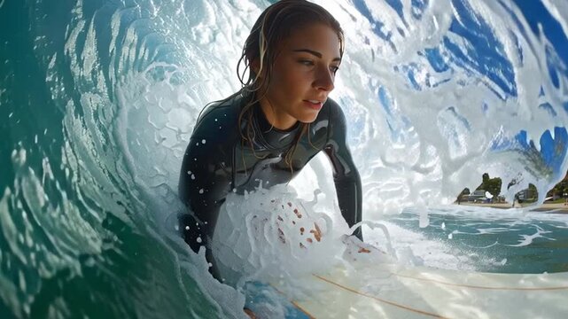 A confident elderly woman rides a wave while surfing, enjoying the thrill of the ocean. The sun shines brightly, illuminating her determined expression and the beauty of the surroundings.