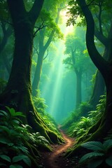 Ancient rainforest scene, lush vegetation, towering trees, dappled sunlight filtering through the canopy, mysterious atmosphere, sense of age and tranquility , plants, humid, rainforest