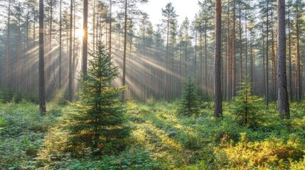 Obraz premium Enchanting Forest Scene with Sunlight Rays Illuminating Pine Trees and Lush Greenery in Nature