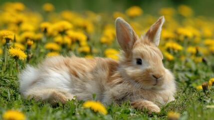 Fototapeta premium A fluffy rabbit lounges peacefully amidst a field of bright yellow dandelions. The sun shines down on this tranquil scene, highlighting the rabbit's soft fur and playful nature.