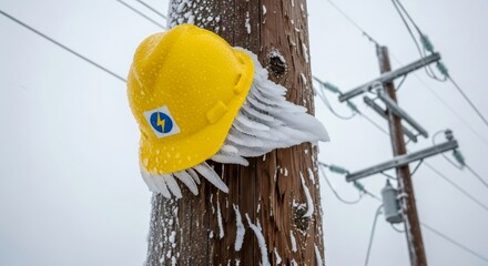 Yellow hard hat with an electrical symbol hanging on a wooden power pole covered in ice and snow. Urban electricity system maintenance.