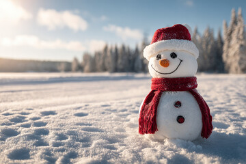 Obraz premium Festive snowman stands tall in a snowy winter wonderland, perfect for holiday cheer and seasonal joy.