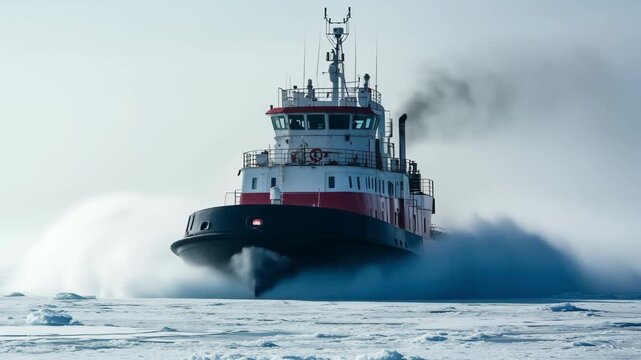 A tugboat breaks through thick ice while navigating icy waters in a winter landscape characterized by blue skies and cold temperatures