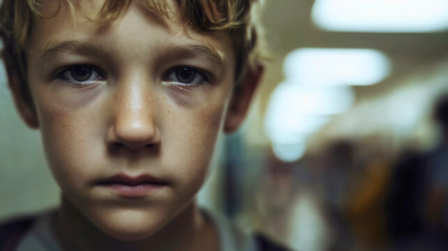 An emotional close-up portrait of a sad and lonely child, a heartbreaking face of a young boy with tears in his eyes, a victim of bullying in a school hallway, a concept of despair and childhood pain.