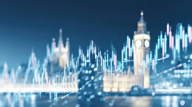 A digital overlay of financial data graphs on a blurred view of London featuring the iconic Big Ben in the background.