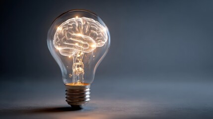 A unique light bulb illustrates a glowing brain inside, symbolizing creativity and innovation with a dark background that enhances the visual impact during a calm moment.
