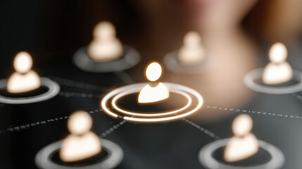 Digital network graphic showing connected user icons highlighted in orange, symbolizing connectivity and data analysis in a sleek, modern interface.