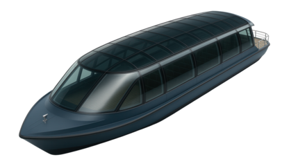 Glass-roofed river cruise boat with panoramic windows along the sides