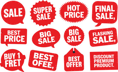 Collection of Red Sale and Discount Tags with Various Promotions