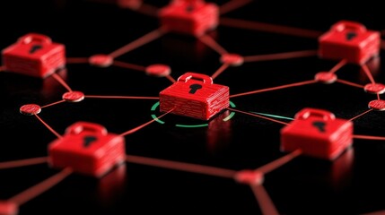 Red padlocks connected by lines on black surface representing digital security and data protection concepts