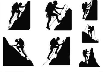 Silhouettes of Rock Climbers Scaling Steep Cliffs with Helmets, Ropes, and Gear &ndash; Vector Clipart for Adventure, Sports, and Outdoor Themes