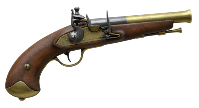 Isolated Antique Flintlock Pistol