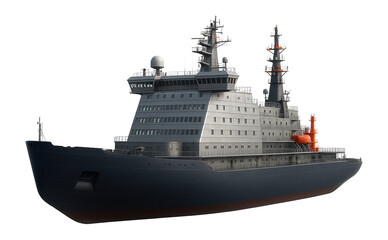 Nuclear-powered icebreaker with reinforced steel hull and towering superstructure