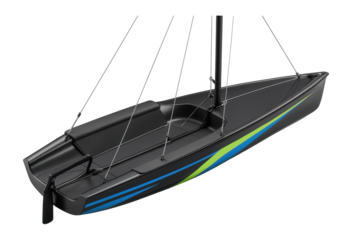 High-performance skiff with a trapeze system and vibrant hull graphics