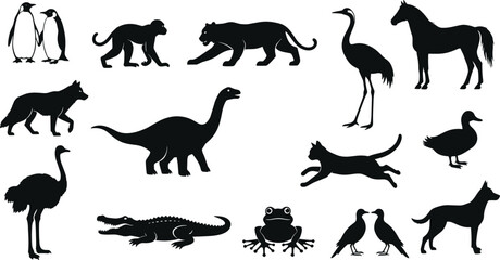 Silhouettes of Wild and Domestic Animals Including Dinosaur, Birds, Mammals, Reptiles, Amphibians – Vector Icons for Nature and Wildlife Themes