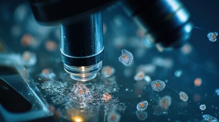 A lab technician observes tiny organisms under a microscope, showcasing intricate microscopic details of life forms on a glass slide. The environment is focused and scientific.