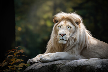 Fototapeta premium White lion resting on rock in forest clearing with soft golden light and calm expression