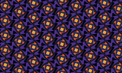Fototapeta premium Twisting squares abstract seamless vector pattern. Bright geometric ornament in purple, black, blue, orange for textile, fabric, interior, ceramic, wallpaper, paper decoration