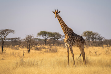 Fototapeta premium Tall giraffe savanna acacia tree dry grass African wildlife long neck solitary animal golden light