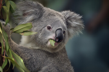 Fluffy koala eating eucalyptus leaf, close up wildlife portrait showing grey fur and curious expression