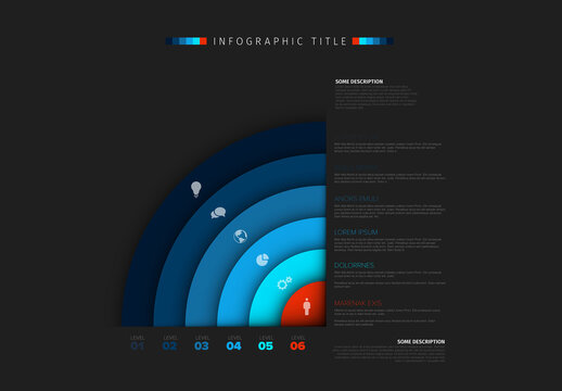 Circular Infographic layout design template with Levels and Icons on dark background