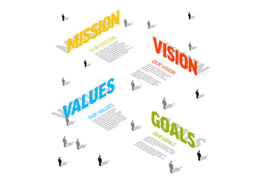 Mission Vision Values Goals Business Concept Template for your web presentation with Isometric Figures